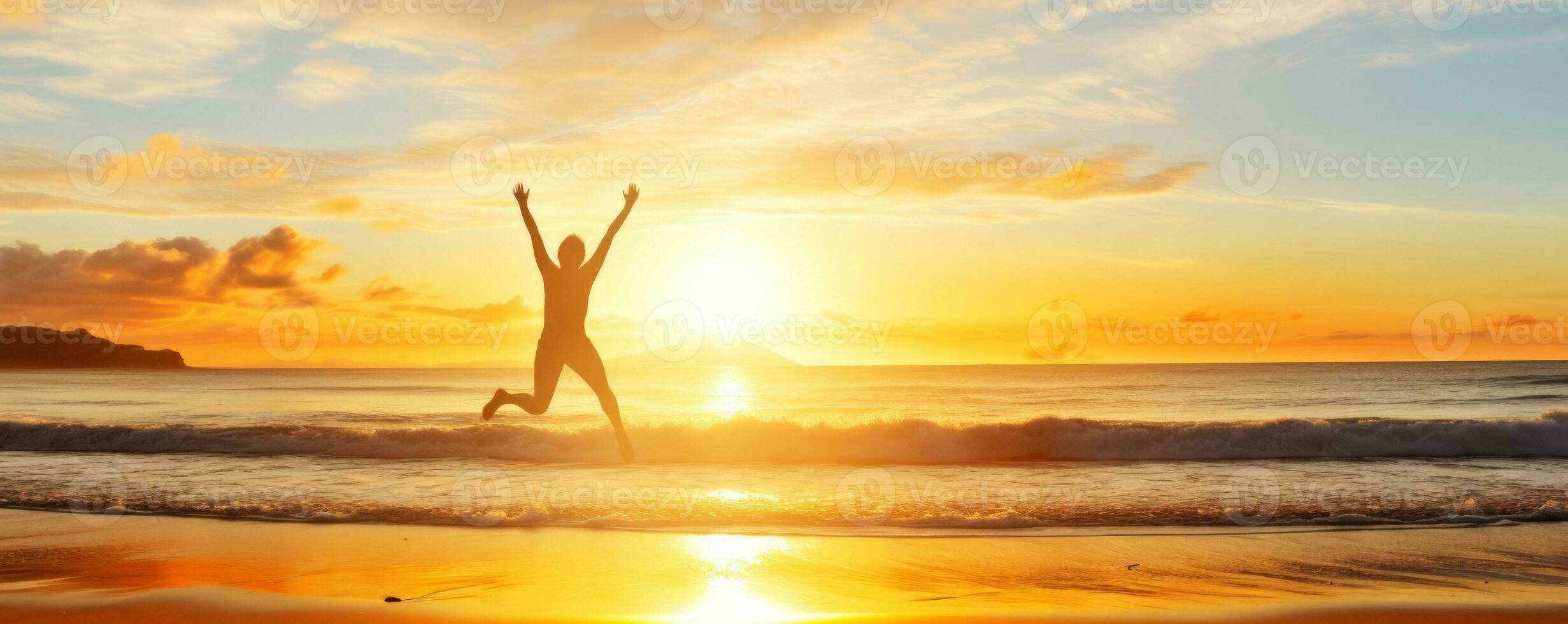 Sunrise over a beach with a person jumping. Ai Generative photo