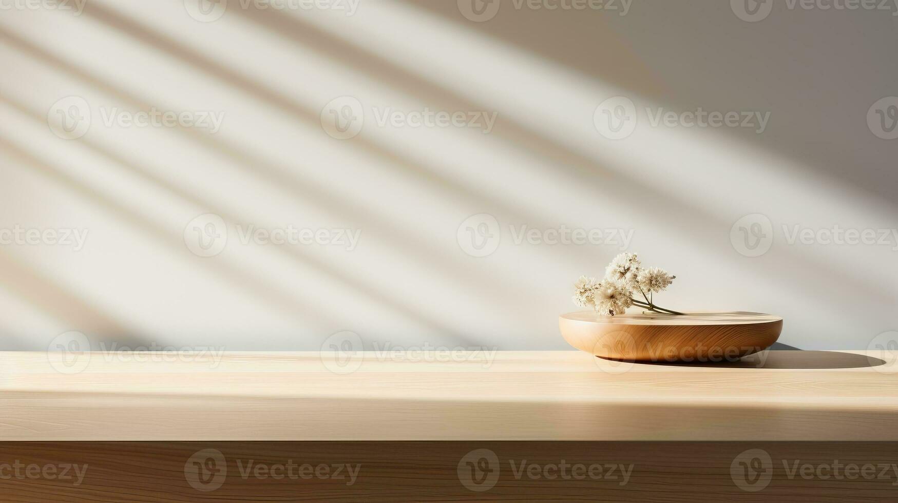An elegant scene with a minimalist wooden table bathed in gentle sunlight, showcasing the intricate wood grain against a white wall backdrop. Ai Generative photo