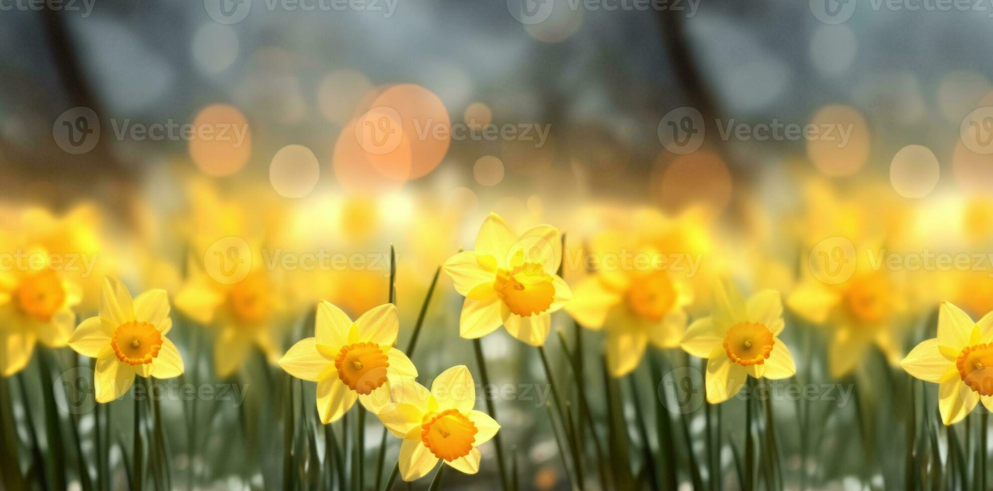 Yellow daffodils in front of a light background. Bokeh panorama. Ai Generative photo