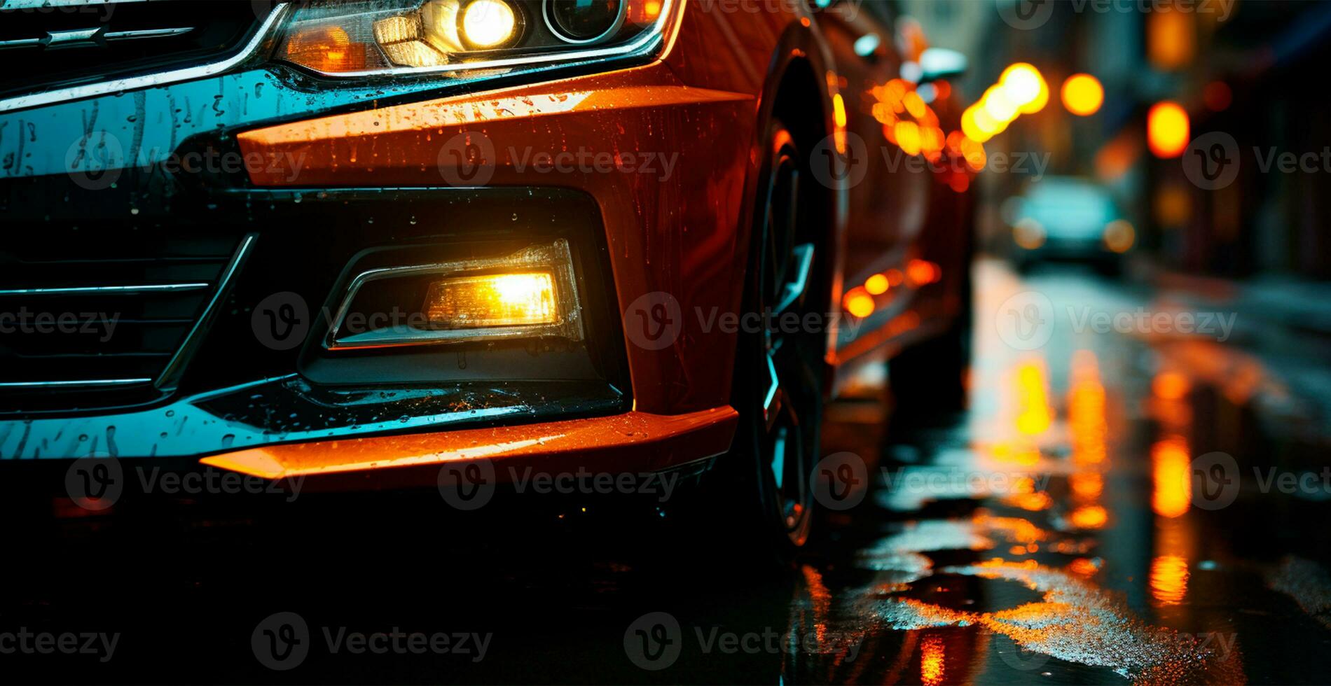 Modern sports car, headlights on at night - AI generated image photo