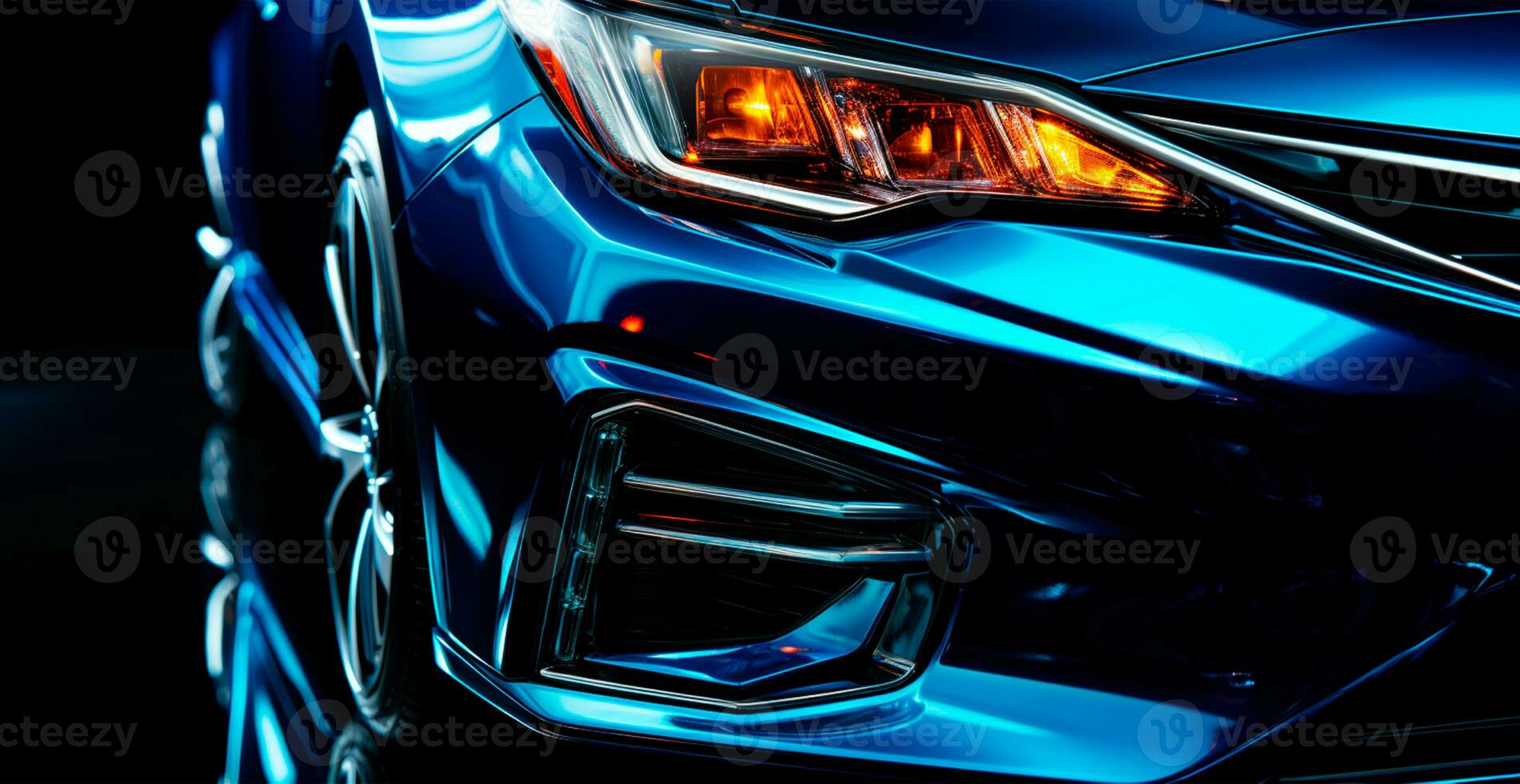 Modern sports car, headlights on at night - AI generated image photo