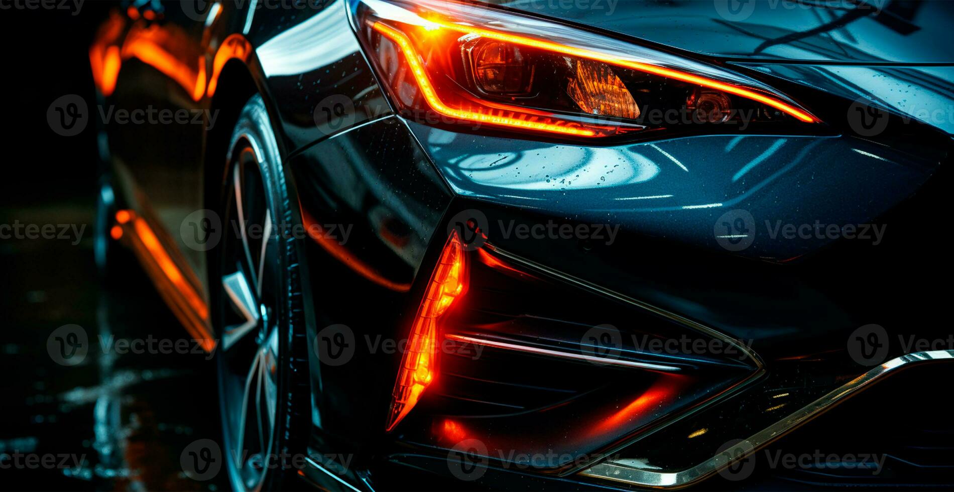 Modern sports car, headlights on at night - AI generated image photo