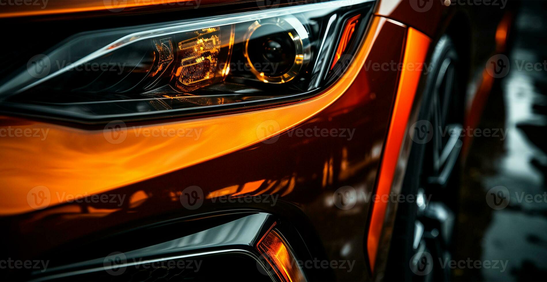 Modern sports car, headlights on at night - AI generated image photo