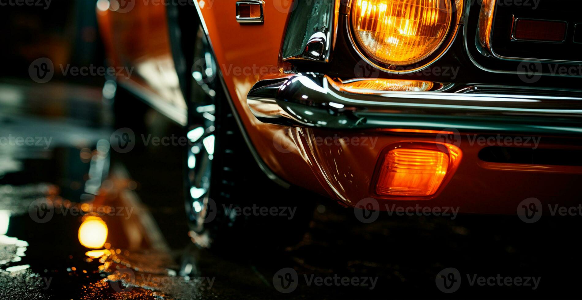 Vintage American classic car, headlights glowing at night - AI generated image photo