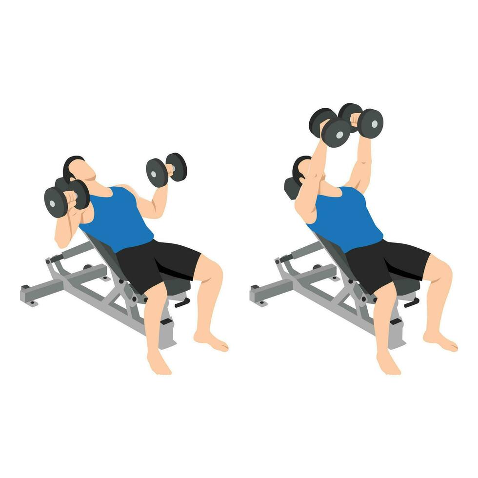 Man doing incline dumbbell bench press twist exercise. vector