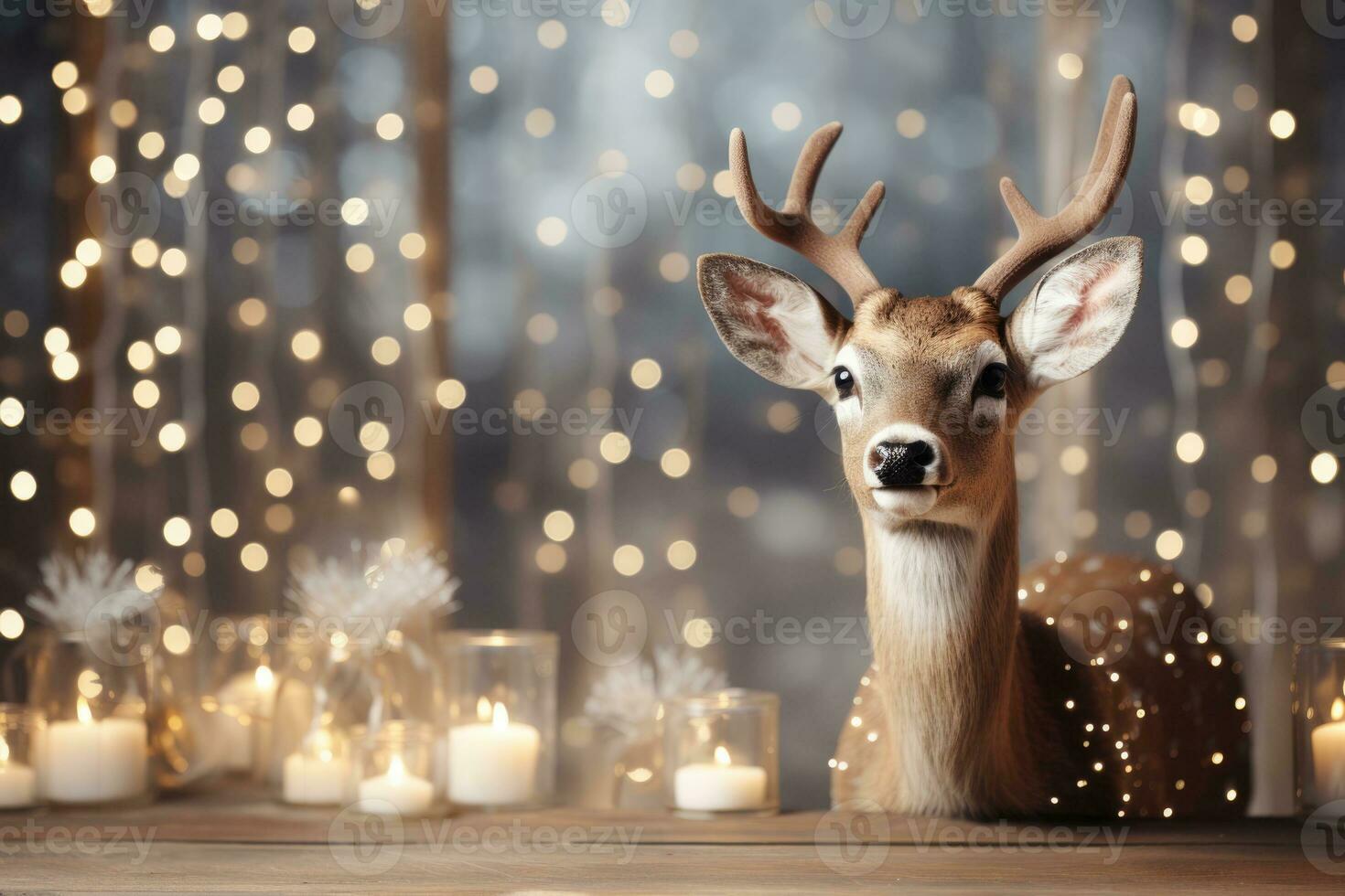 Magical window view of reindeer decor background with empty space for text photo