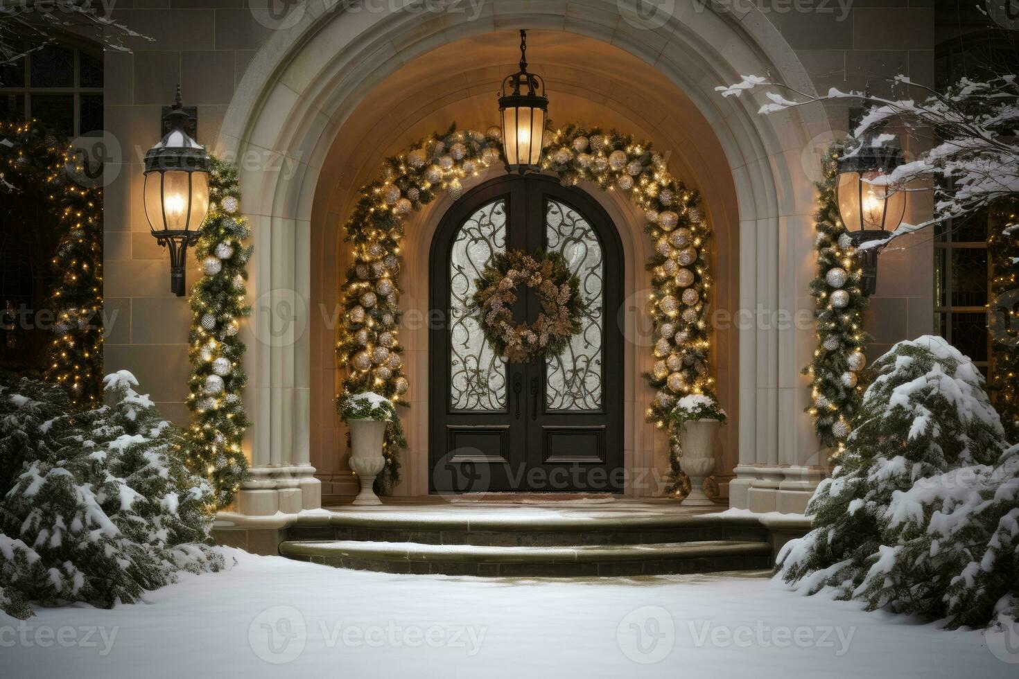 Elegant doors and windowsdecked out in Christmas holiday cheer photo