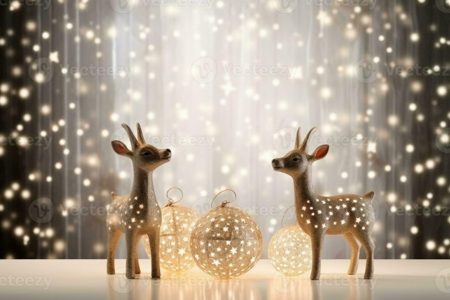 Magical window view of reindeer decor background with empty space for text photo