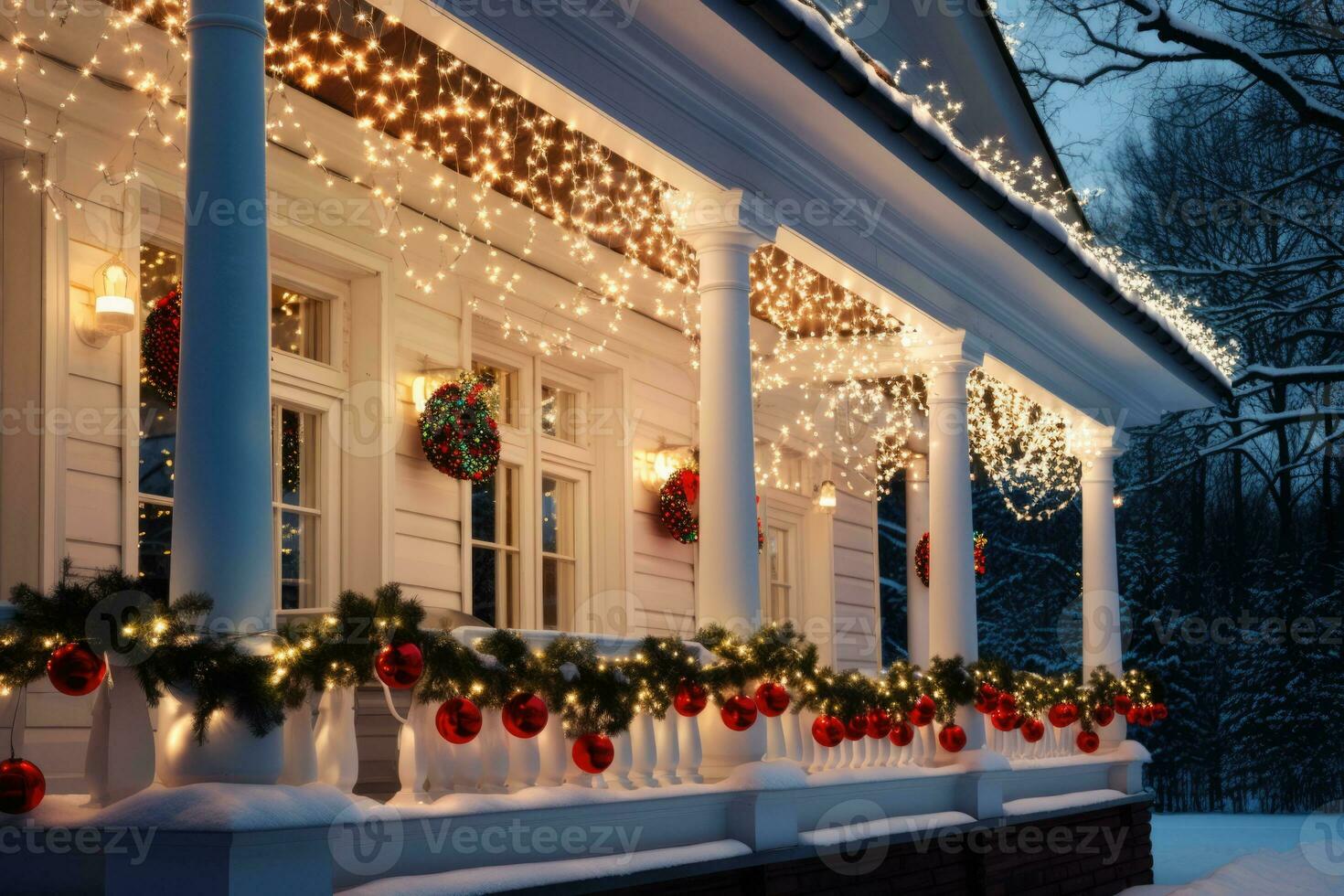 Close up view of festive Christmas lights on suburban house