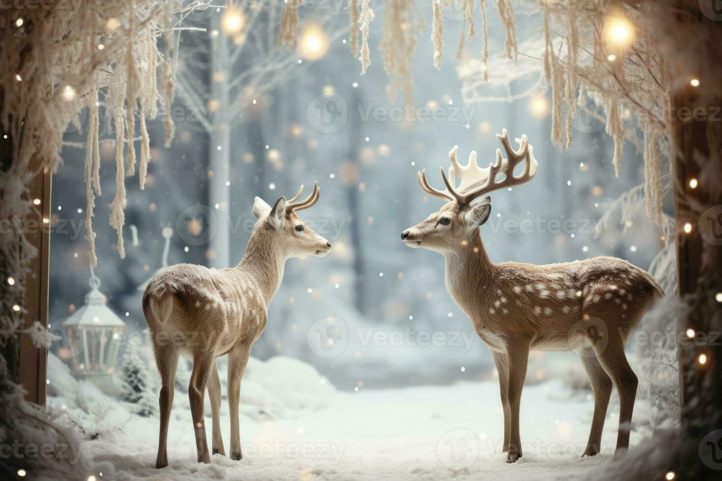 Magical window view of reindeer decor background with empty space for text photo