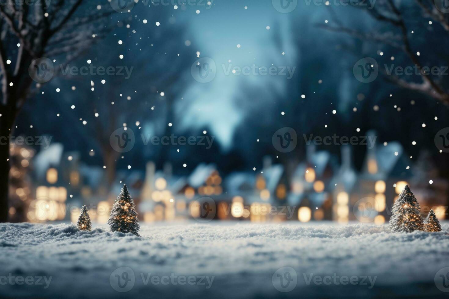 Snowy residential scene with holiday lights background with empty space for text photo