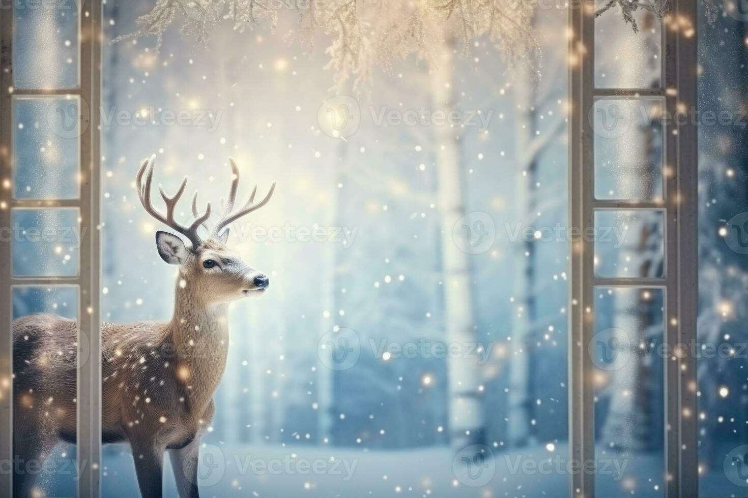 Magical window view of reindeer decor background with empty space for text photo