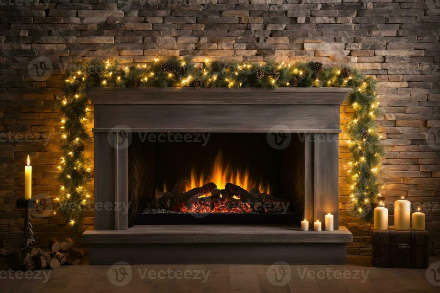 Cozy warm Christmas fireplace in home interior background with empty space for text photo