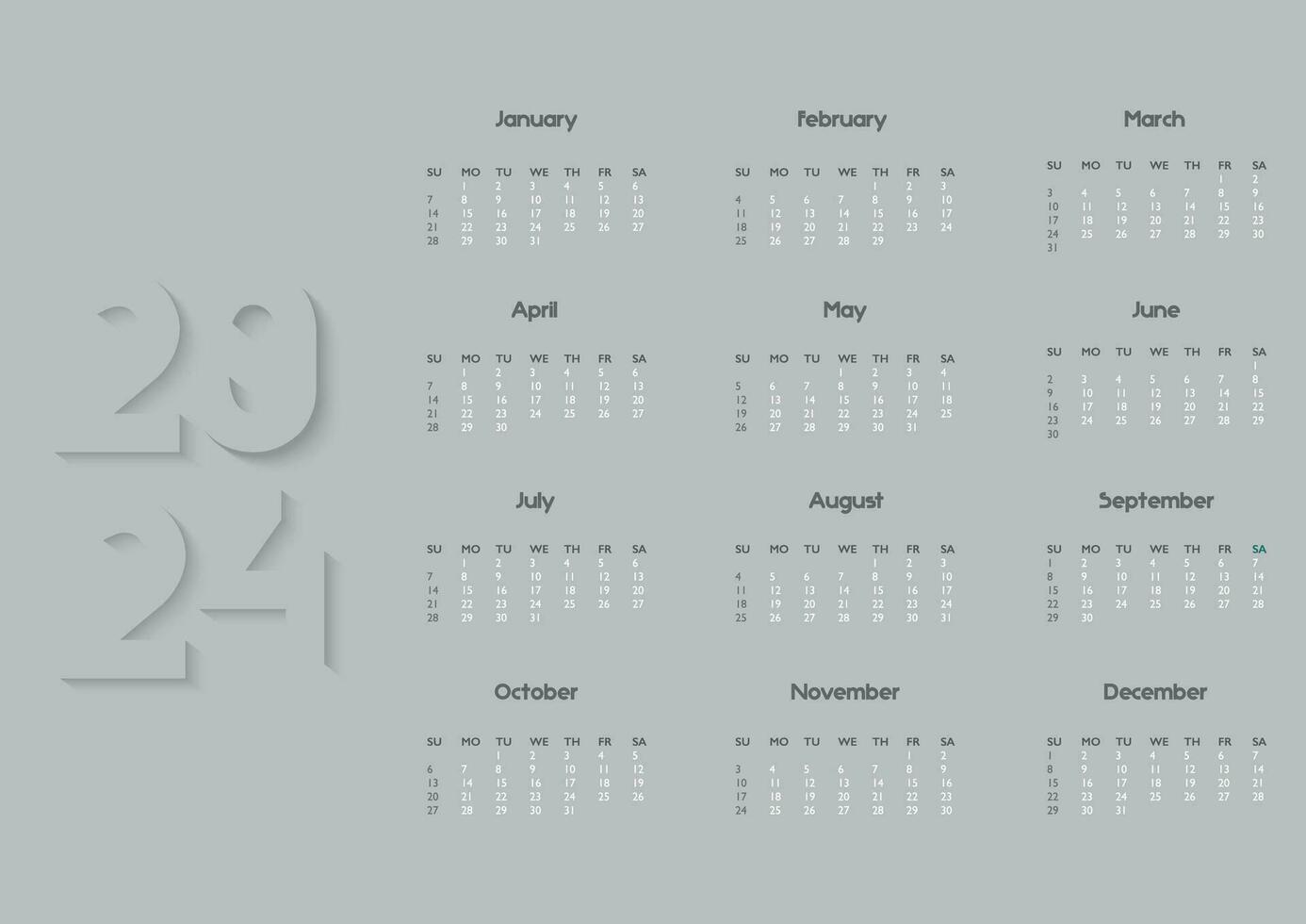 calendario 2024 en minimalismo semana empieza en domingo. corporativo calandrar disposición. escritorio o pared a3 formato calendario modelo con 12 mes. vector