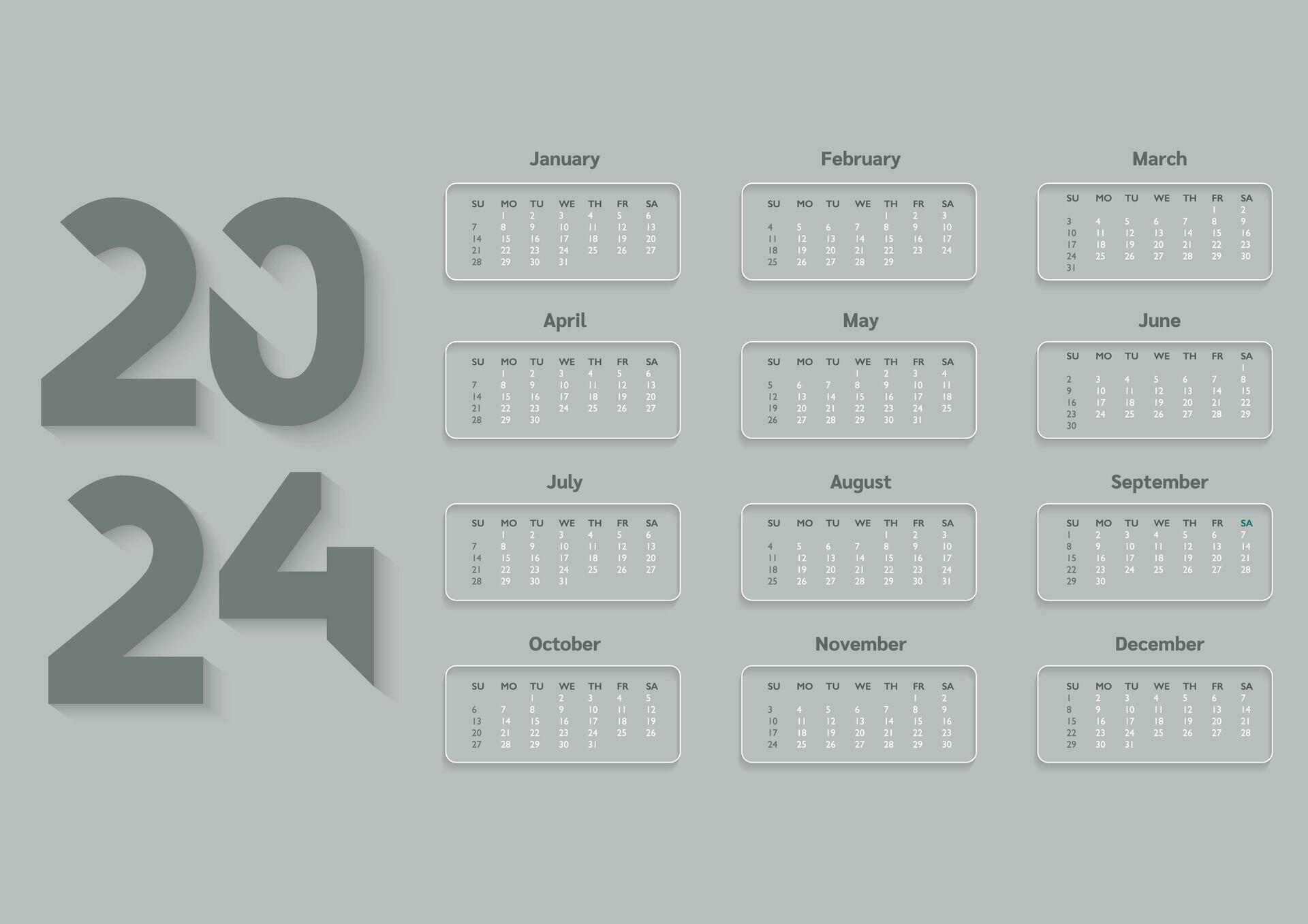 Monthly 2024 year calendar template. Wall or desk calendar in a