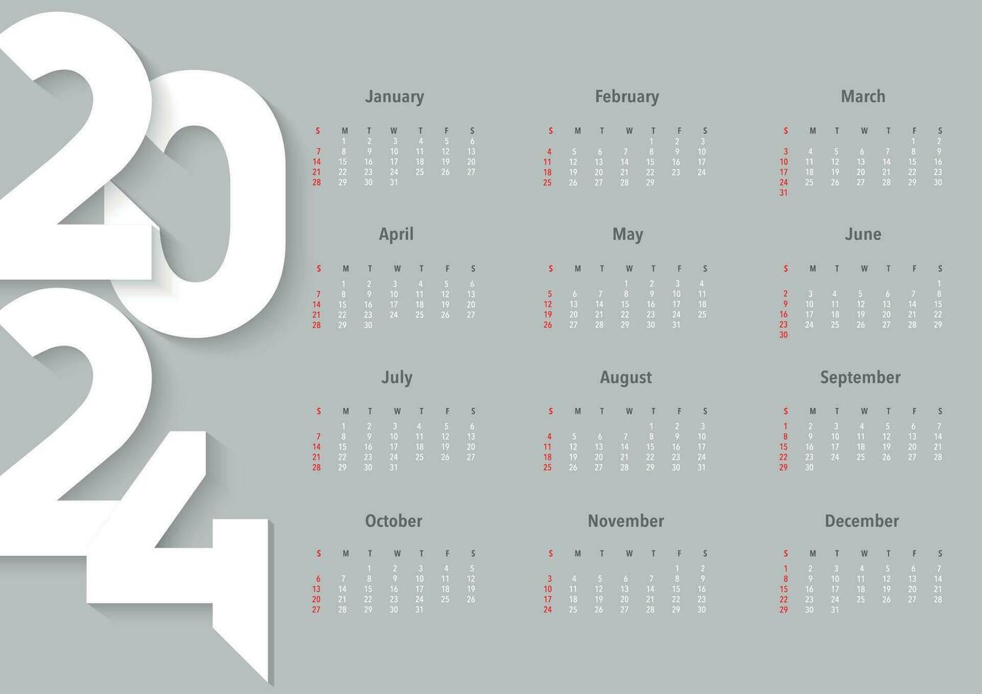 2024 año calendario en minimalista estilo. semana empieza en domingo. sencillo calandrar modelo. escritorio o pared a3 formato calendario modelo con 12 mes. vector