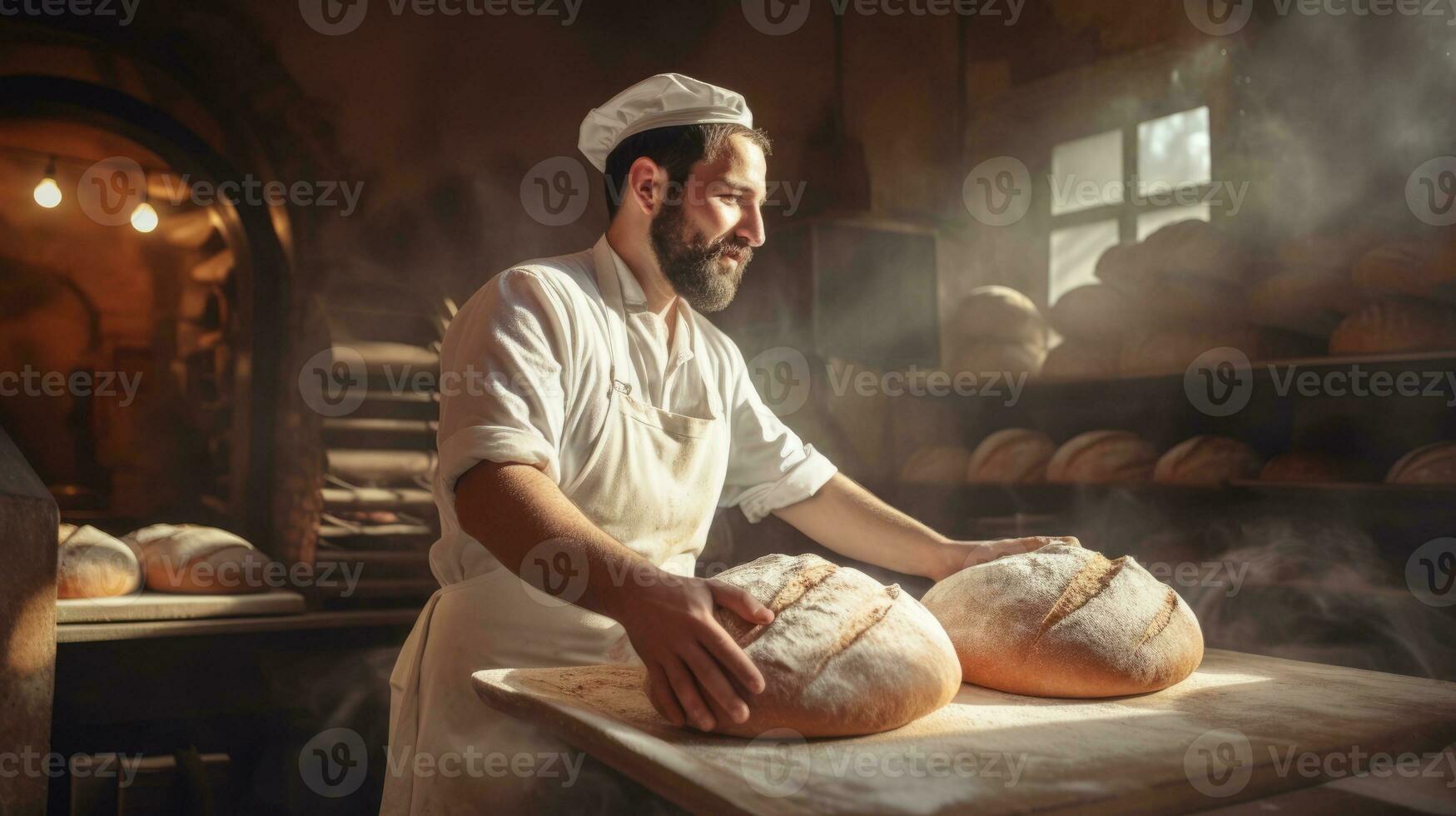 Concentrated man baker standing at bakery near bread. Man bakes bread in bakery photo