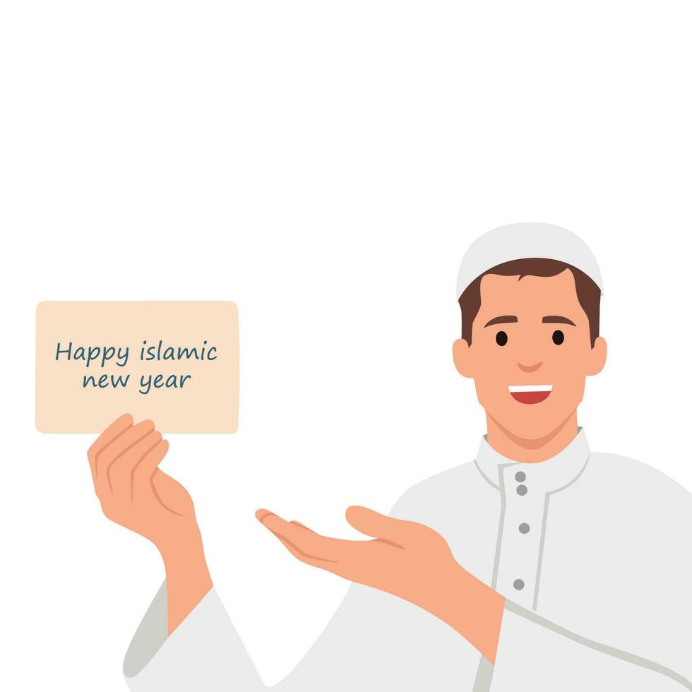 Muslim People are celebrating the Islamic new year by holding a torch parade. Happy Islamic New Year or Hijri New Year 1st Muharram. Muslim man holding sign. vector