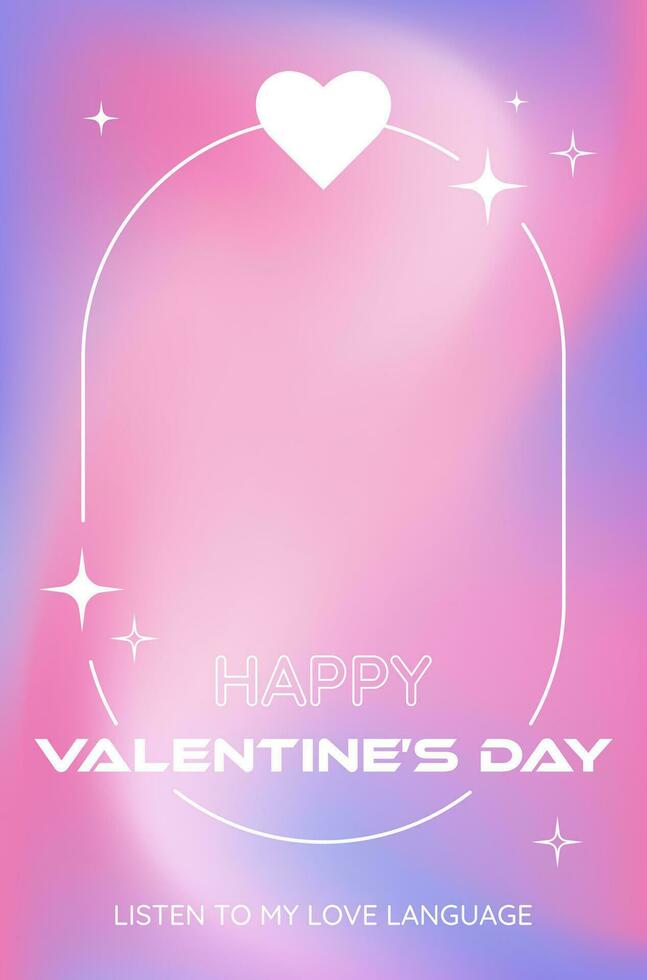 Valentine's Day poster in Y2K aesthetics, thin frame with heart, text greeting on a gradient mesh liquid background. Vector illustration.