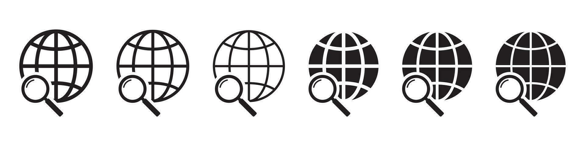 Magnifier and globe icon, search for a place on a map or on the globe icon. The icon of the magnifying glass and planet Earth. vector