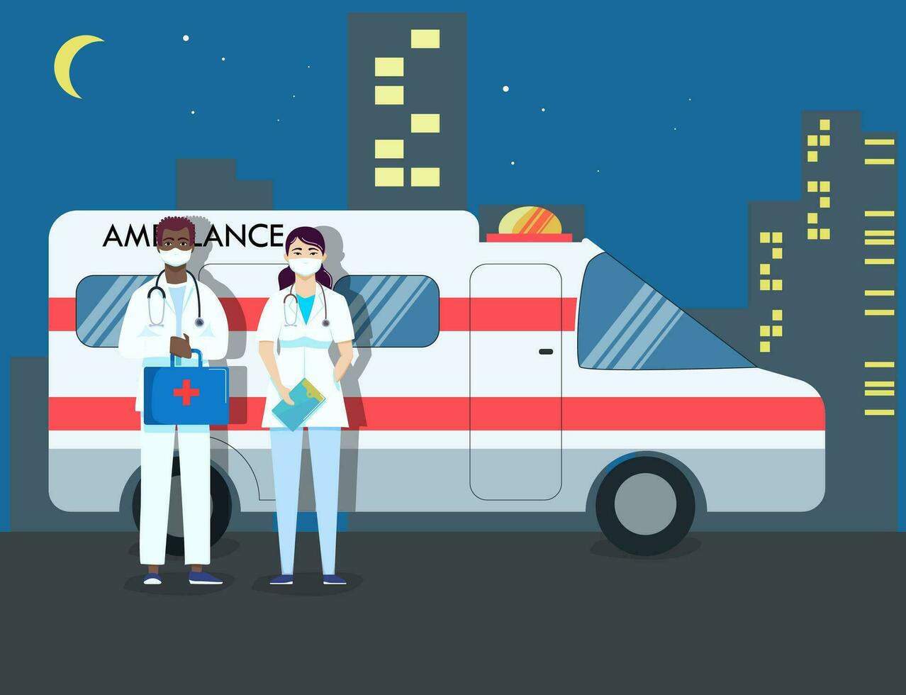 Ambulance staff and car. Couple of doctors. Doctor with an emergency bag, Assistant. Night Shift. Vector illustration in a flat style