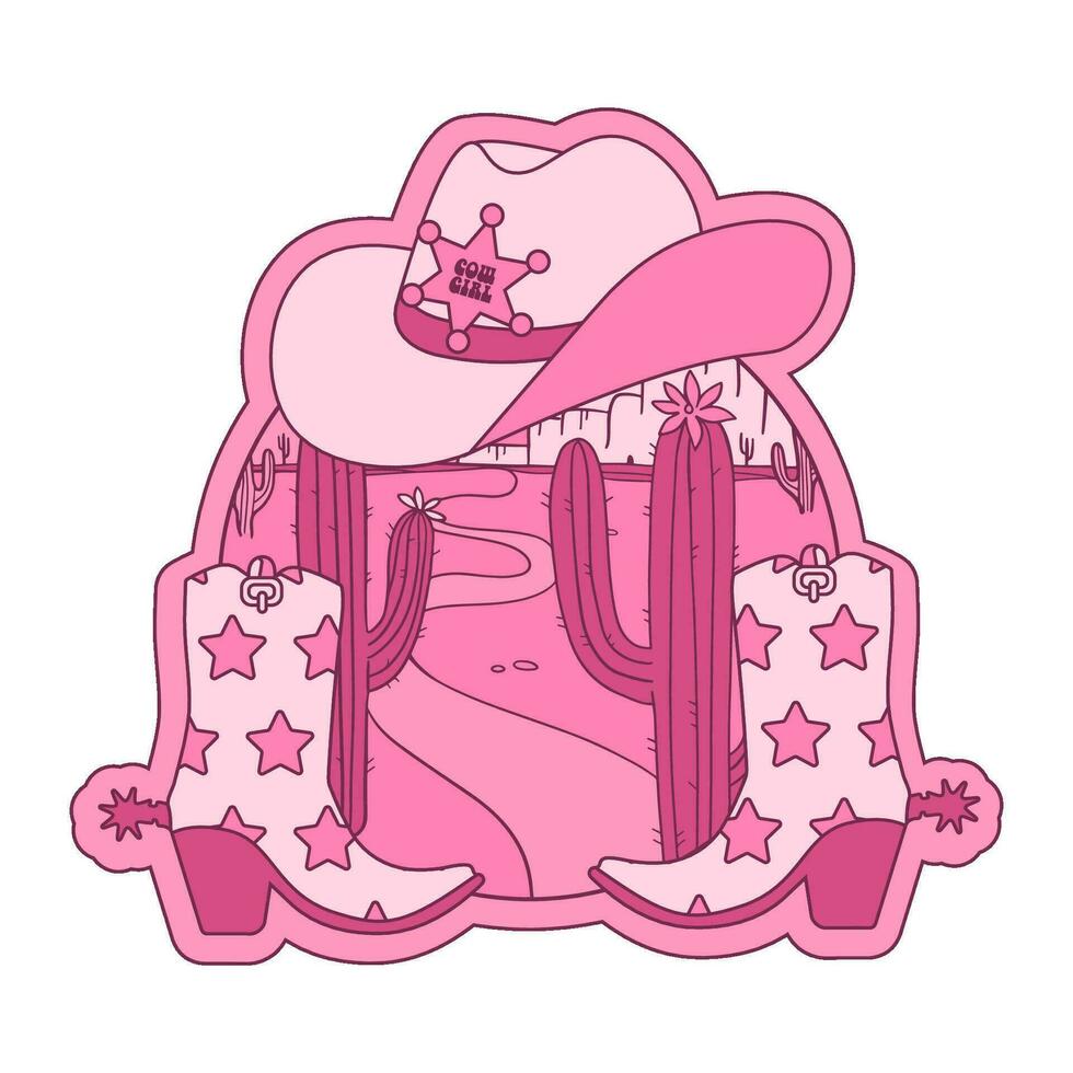 retro emblema con par de vaquera botas y sombrero. rosado retro concepto con cactus Desierto paisaje. camiseta o póster diseño de salvaje lado. vector mano dibujado ilustración.