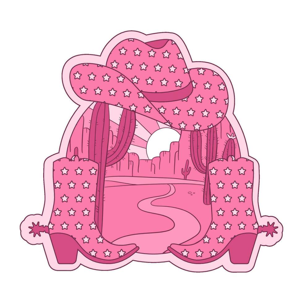 Retro emblem with pair of Cowgirl boots and hat. Pink retro concept with cactus desert landscape. T-shirt or poster design of wild side. Vector hand drawn illustration.