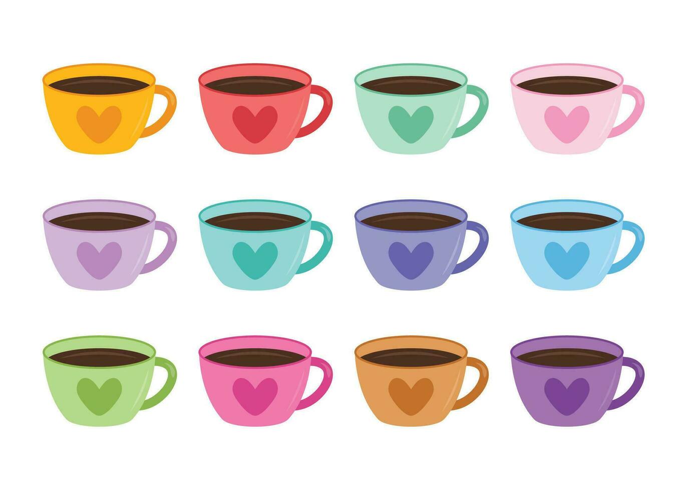 corazón café taza, San Valentín día, linda pastel bebida, café tazas con corazones en blanco antecedentes. vector