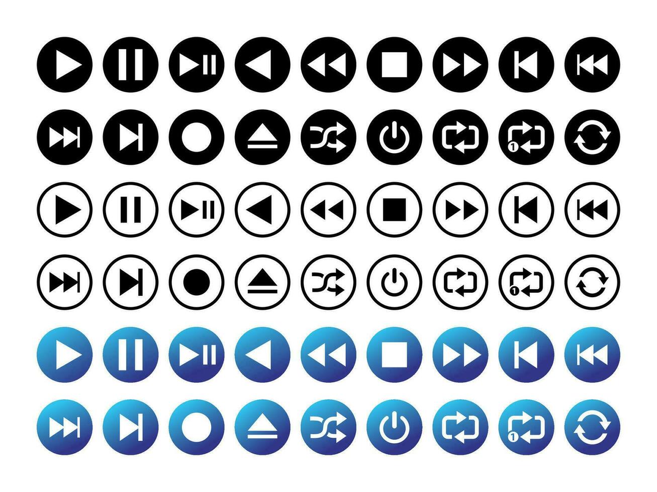 Music Icons, Video, Record, Play Buttons, Pause, Stop, Forward, Backward, Repeat, Round Circle, Media Icon Set vector