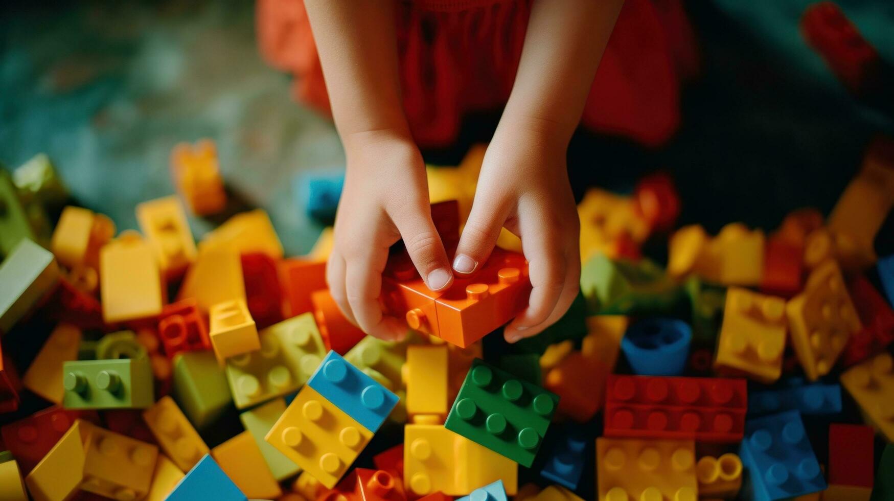 a young child's hands playing with of colorful building blocks photo