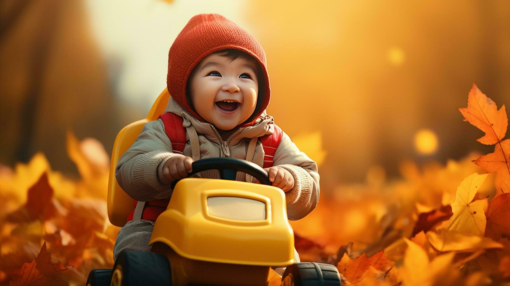 a young child riding a little car through the leaves in the fall photo