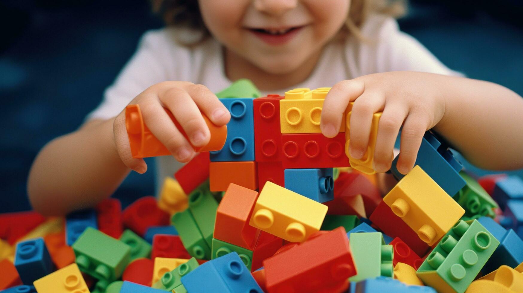 a young child's hands playing with of colorful building blocks photo