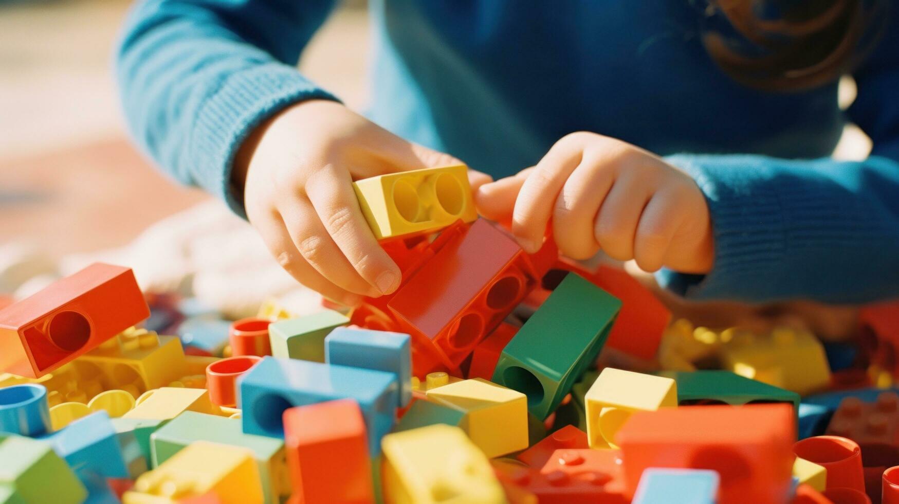 a young child's hands playing with of colorful building blocks photo