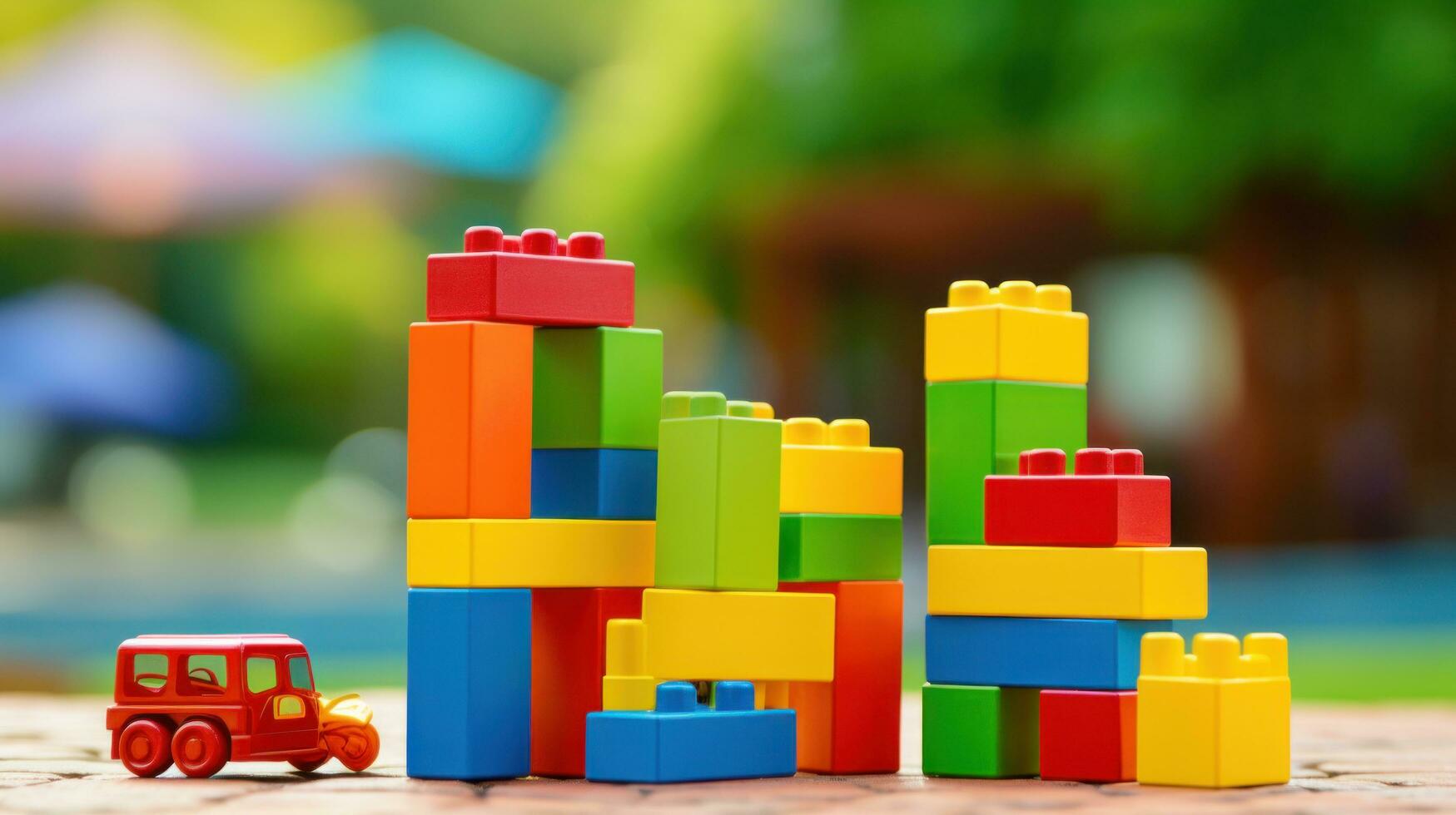 a young child's hands playing with of colorful building blocks photo