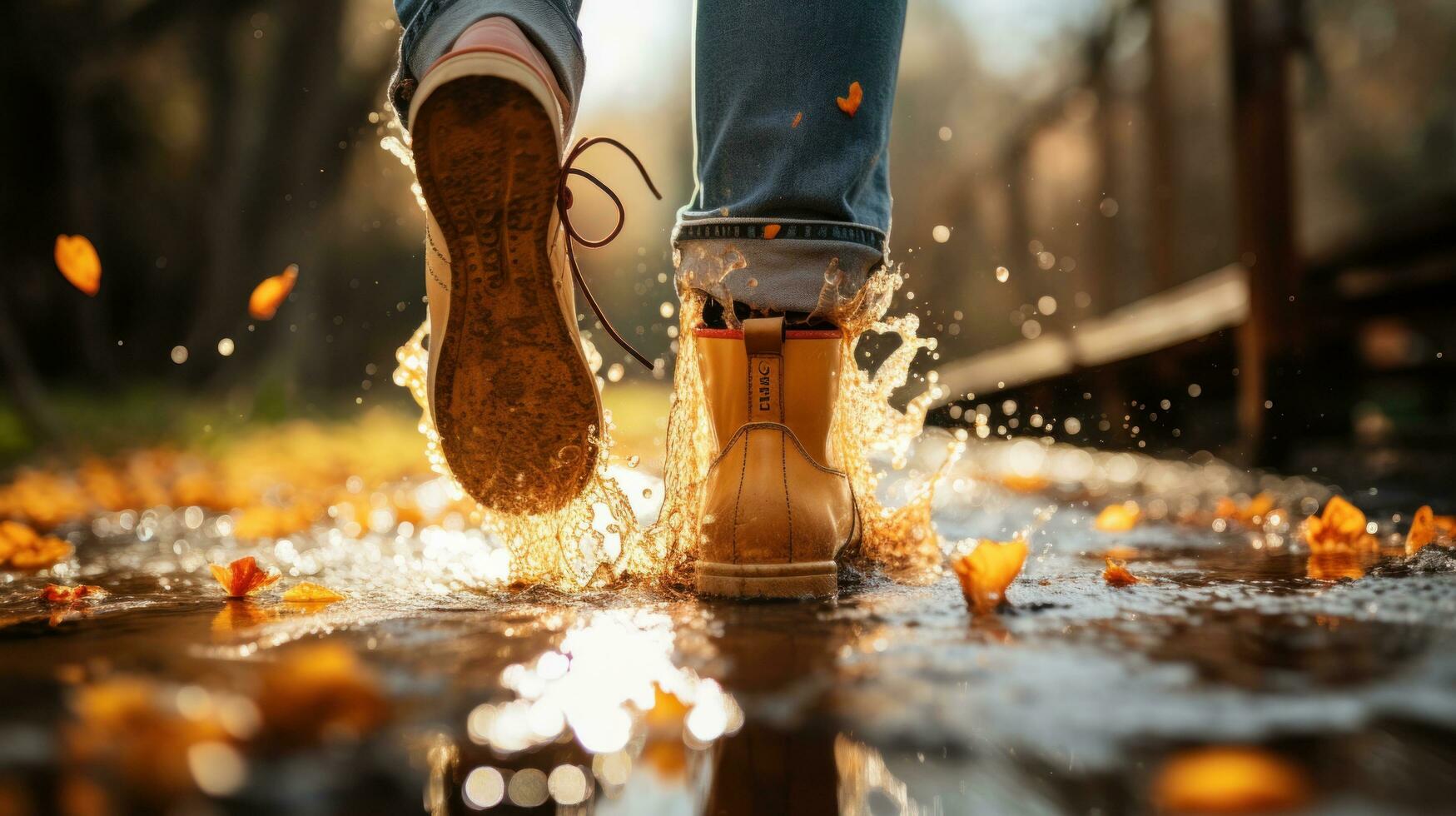 mujer en lluvia botas saltando dentro un charco foto