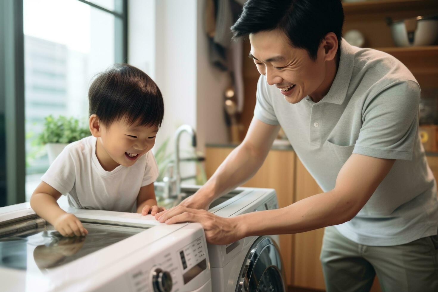 Father and Son Doing Laundry Together to load the washing machine with dirty clothes photo