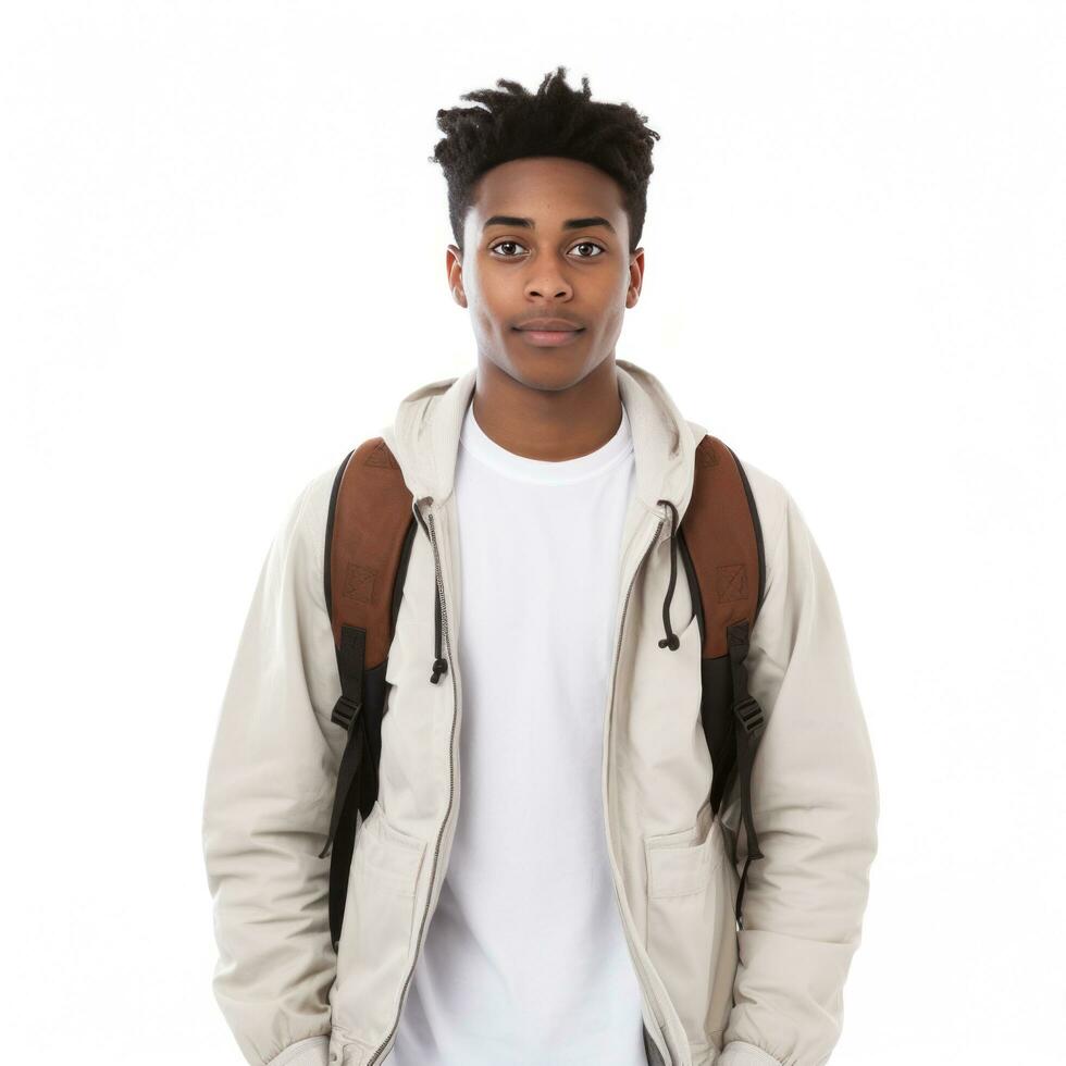 A black student with an accomplished expression, posing against a white background photo