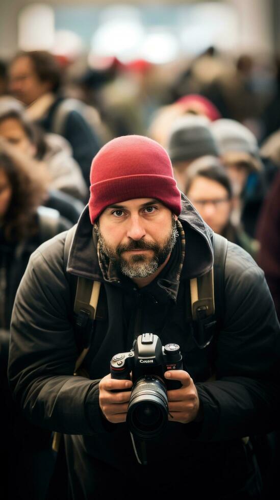 fotógrafo con un cámara entre un multitud de personas en el calle foto