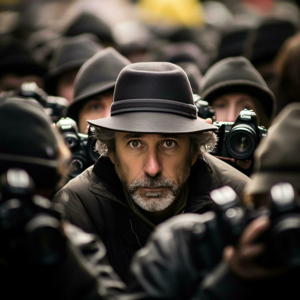 photographer with a camera among a crowd of people on the street photo