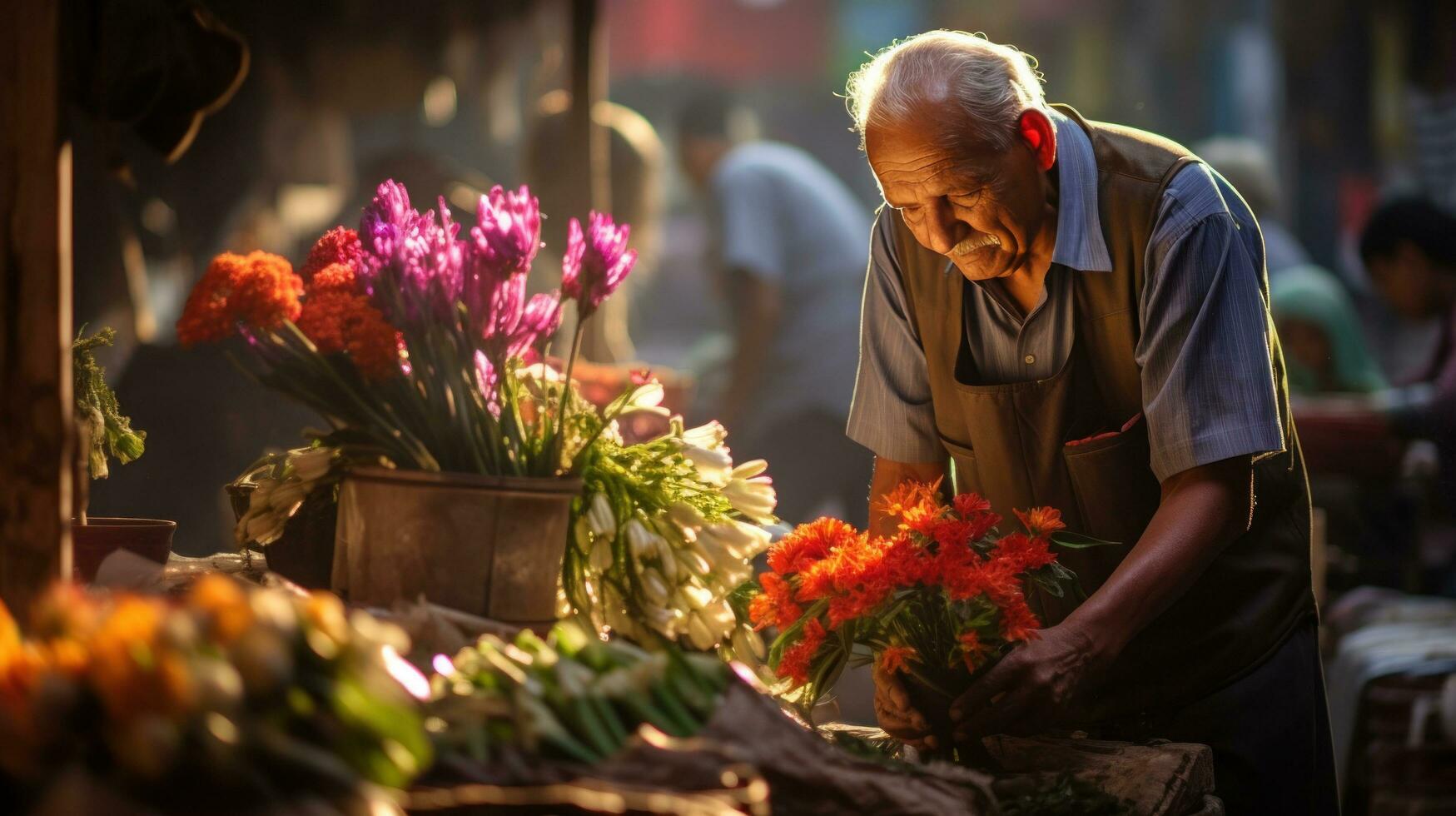 florist at work with flowers on a city street photo