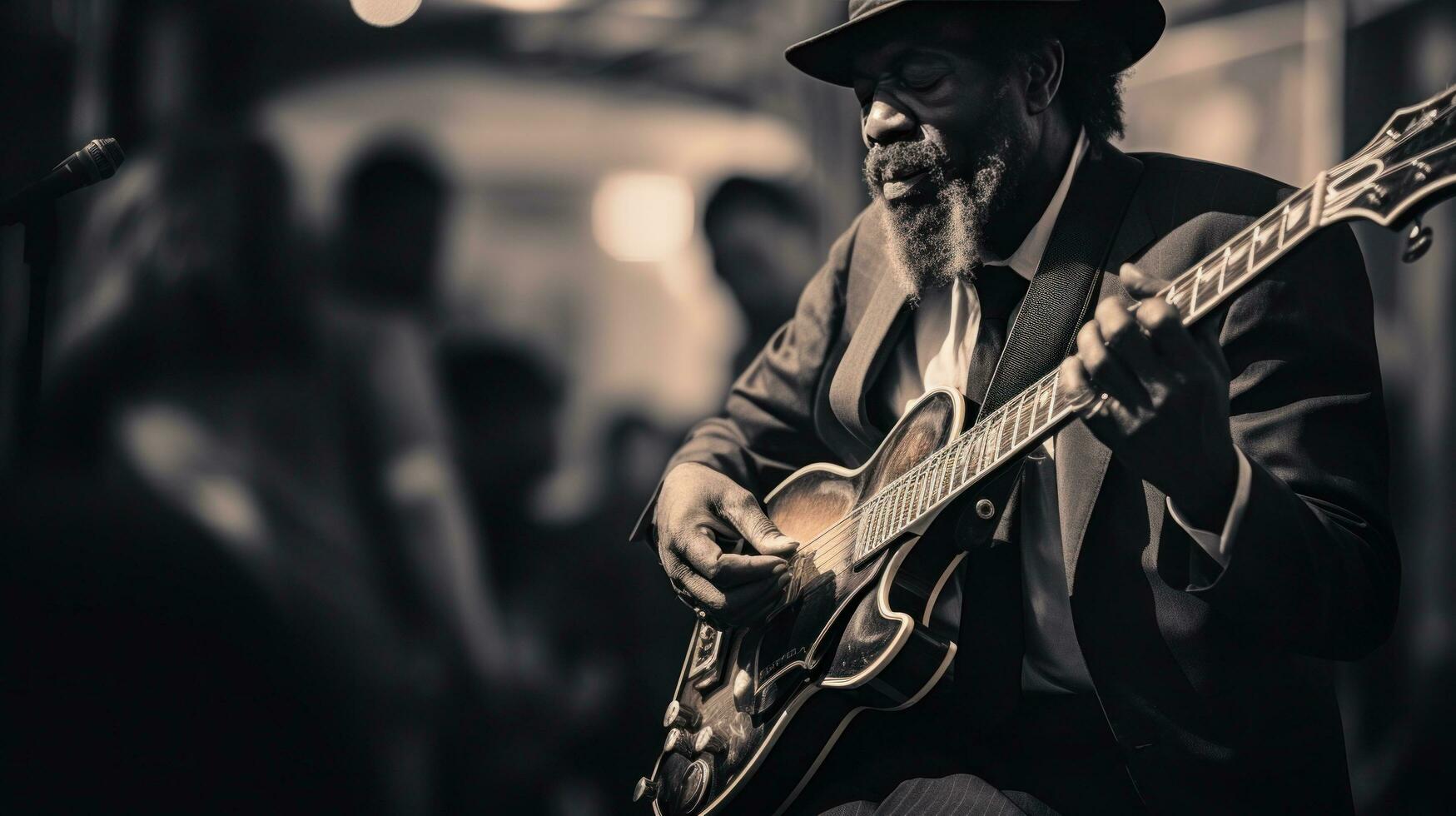 musician plays guitar on the street among a crowd of people photo