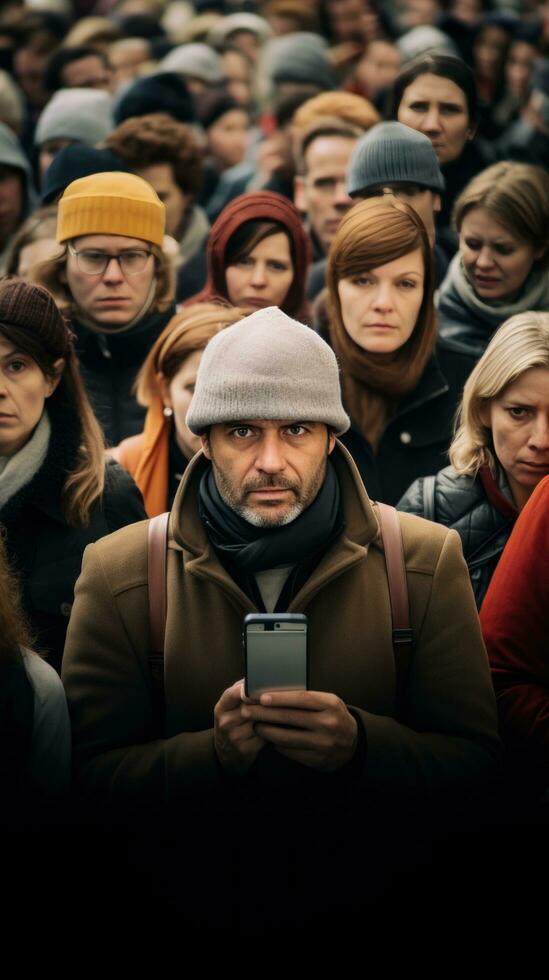 fotógrafo con un cámara entre un multitud de personas en el calle foto