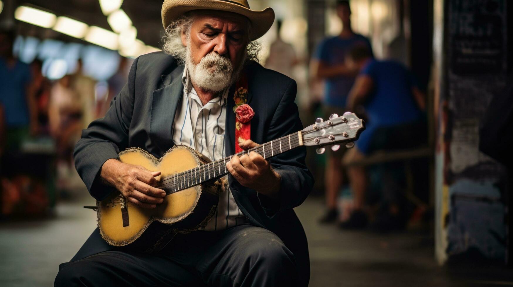 musician plays guitar on the street among a crowd of people photo