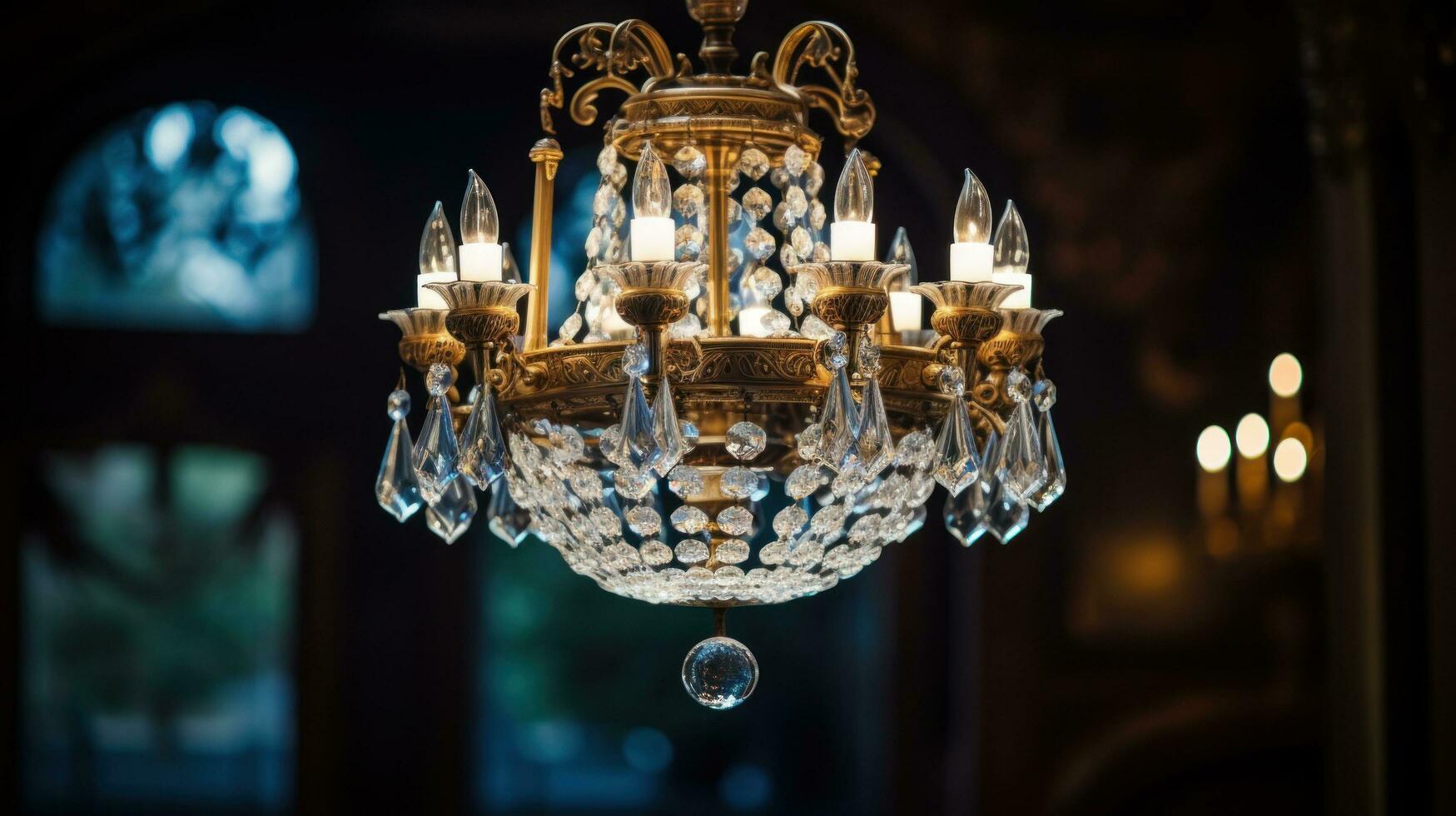 The chandelier hangs gracefully from the ceiling, adding a touch of elegance to any room photo