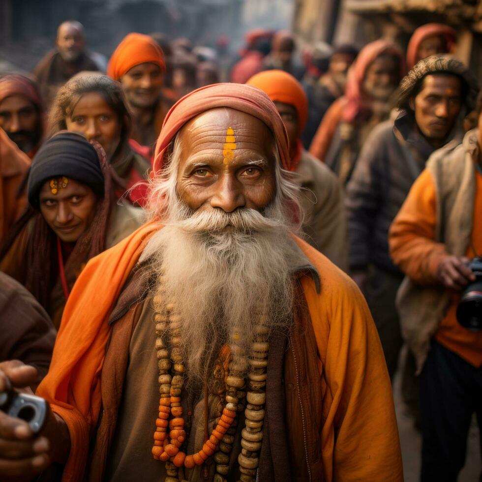 man surrounded by a crowd of people in yellow and orange photo