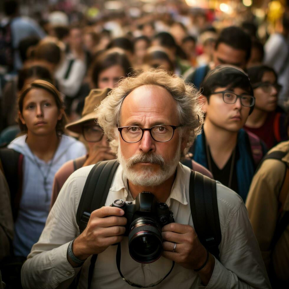 photographer with a camera among a crowd of people on the street photo