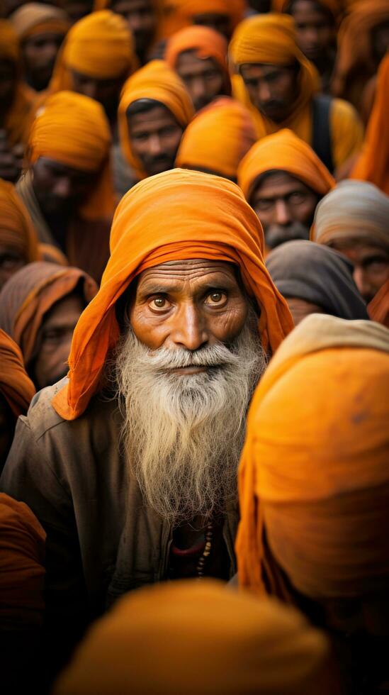 man surrounded by a crowd of people in yellow and orange photo