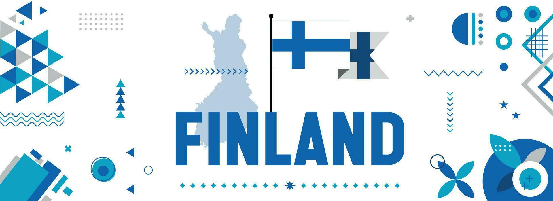Finland national or independence day banner design for country celebration. Flag and map of Finland with modern retro design abstract geometric icons. Vector illustration.