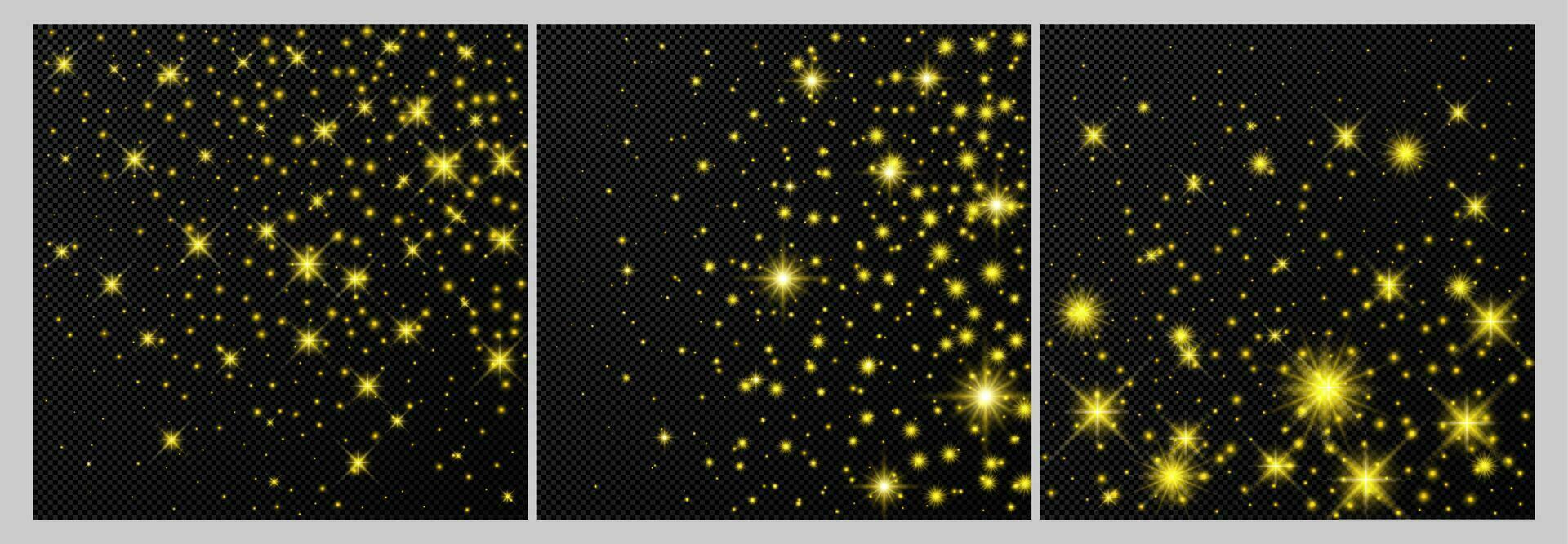 Set of three gold backdrops with stars and dust sparkles isolated on dark background. Celebratory magical Christmas shining light effect. Vector illustration.