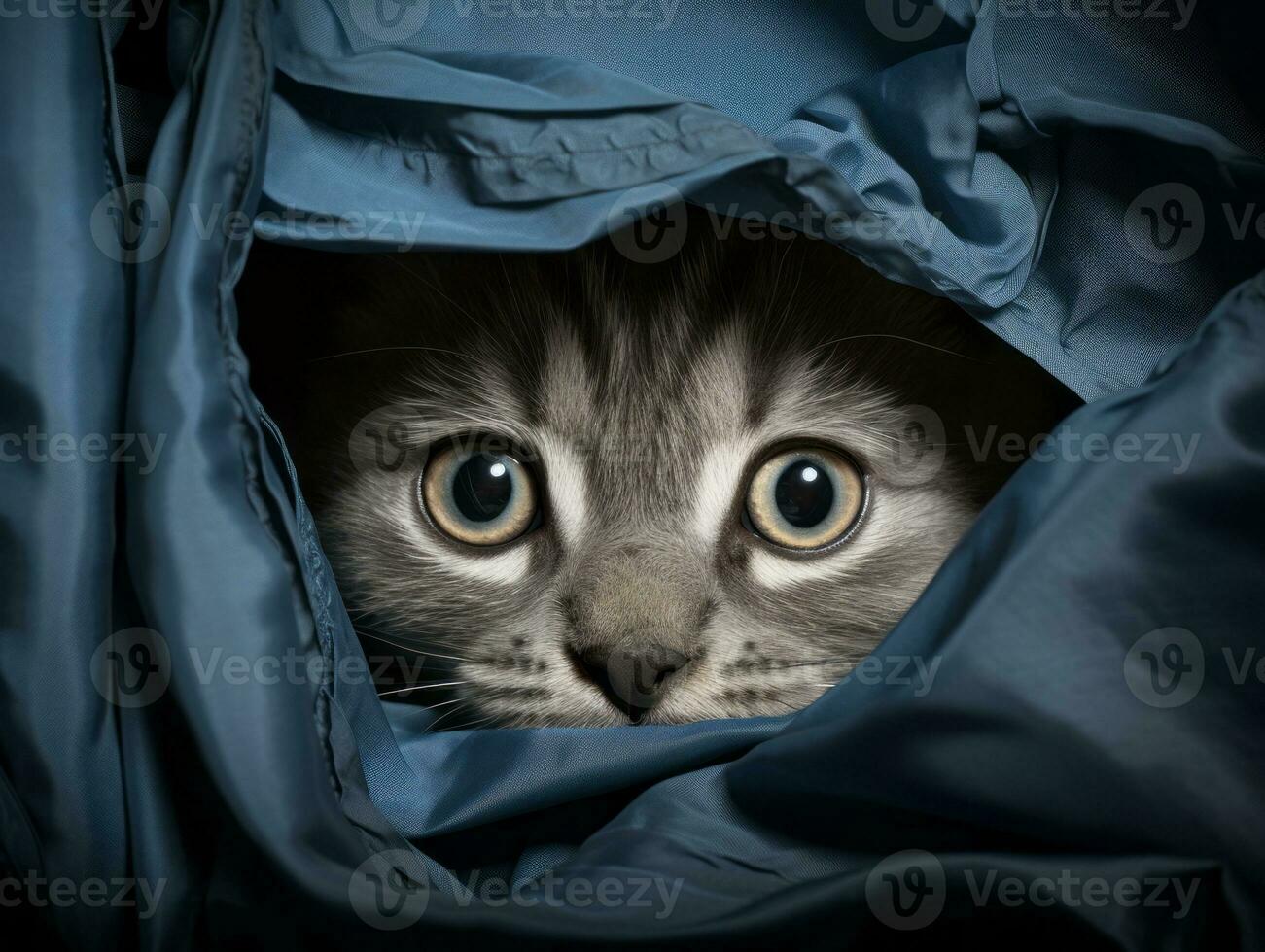adorable kitten peeking out from behind a curtain AI Generative photo
